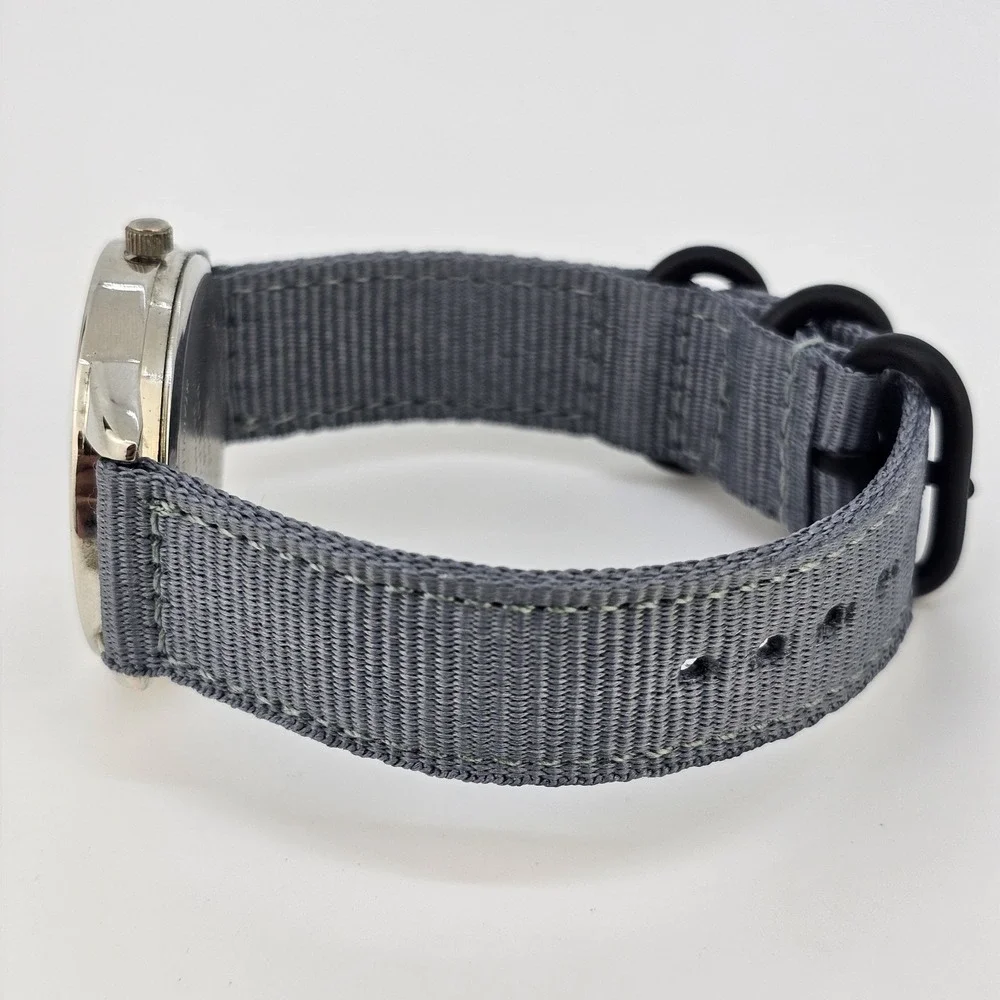 Men's Analog Watch 37MM‎ Black Dial NEW Gray Canvas Bands NEW Battery